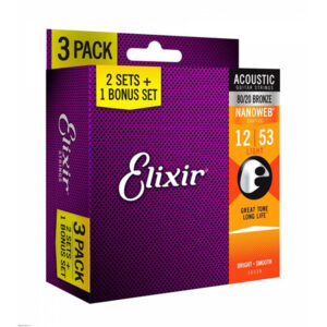 16539 NANOWEB Струны для акустической гитары, 3 комплекта, Light, бронза 80/20, 12-53, Elixir