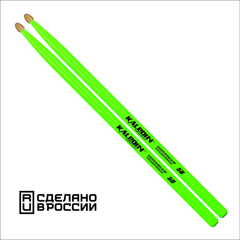 7KLHBGR5B 5B Барабанные палочки, граб, флуоресцентные зеленые, Kaledin Drumsticks